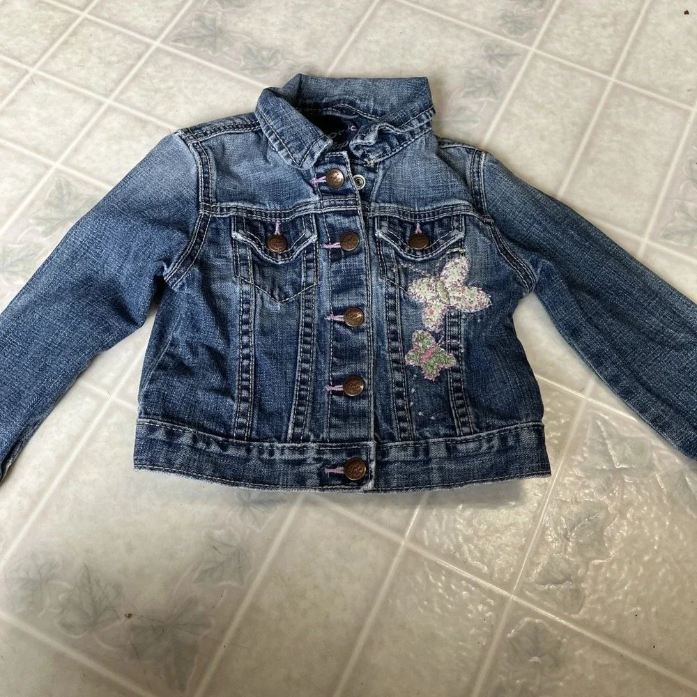 Baby Gap‎ Stretch Size 3T Embroidered Blue Jean Denim Jacket Appliquéd Butterfly